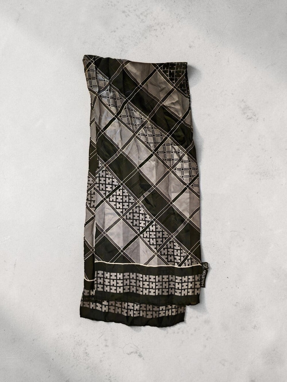 Halston Heritage Black & Gray Logo Geometric Silk Scarf